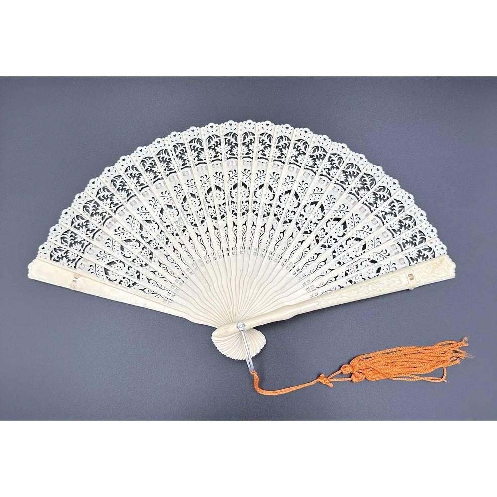 Antique Celluloid Brise Pierced Ribbon Folding Ladies Hand-Held Fan‎ Hong Kong